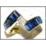Blue Sapphire Baguette Genuine Diamond 18K Yellow Gold Ring [RQ0005]