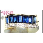 18K Yellow Gold Diamond Blue Baguette Sapphire Stunning Ring [RQ0019]