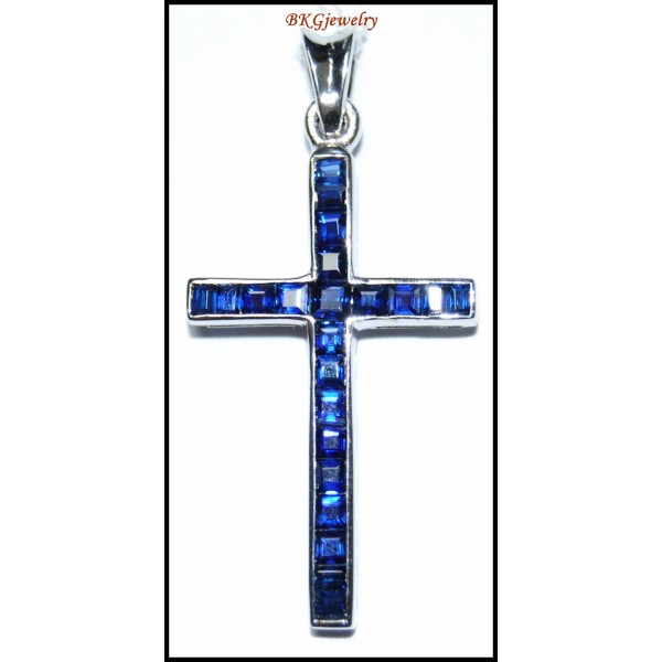 Blue Sapphire Cross Pendant Gemstone Eternity 18K White Gold [P0123]