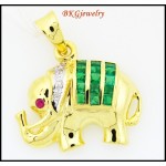 Elephant Diamond Gemstone Emerald Pendant 18K Yellow Gold [P0007]